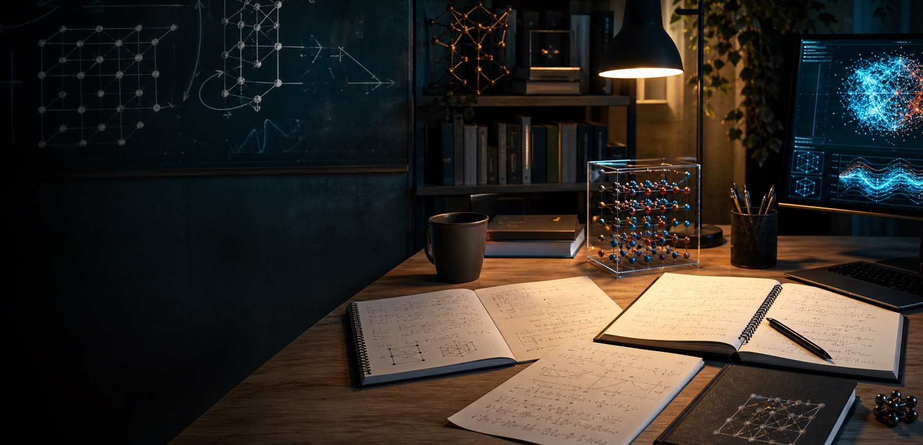 A study desk with physics notes, lattice motifs, and computation tools